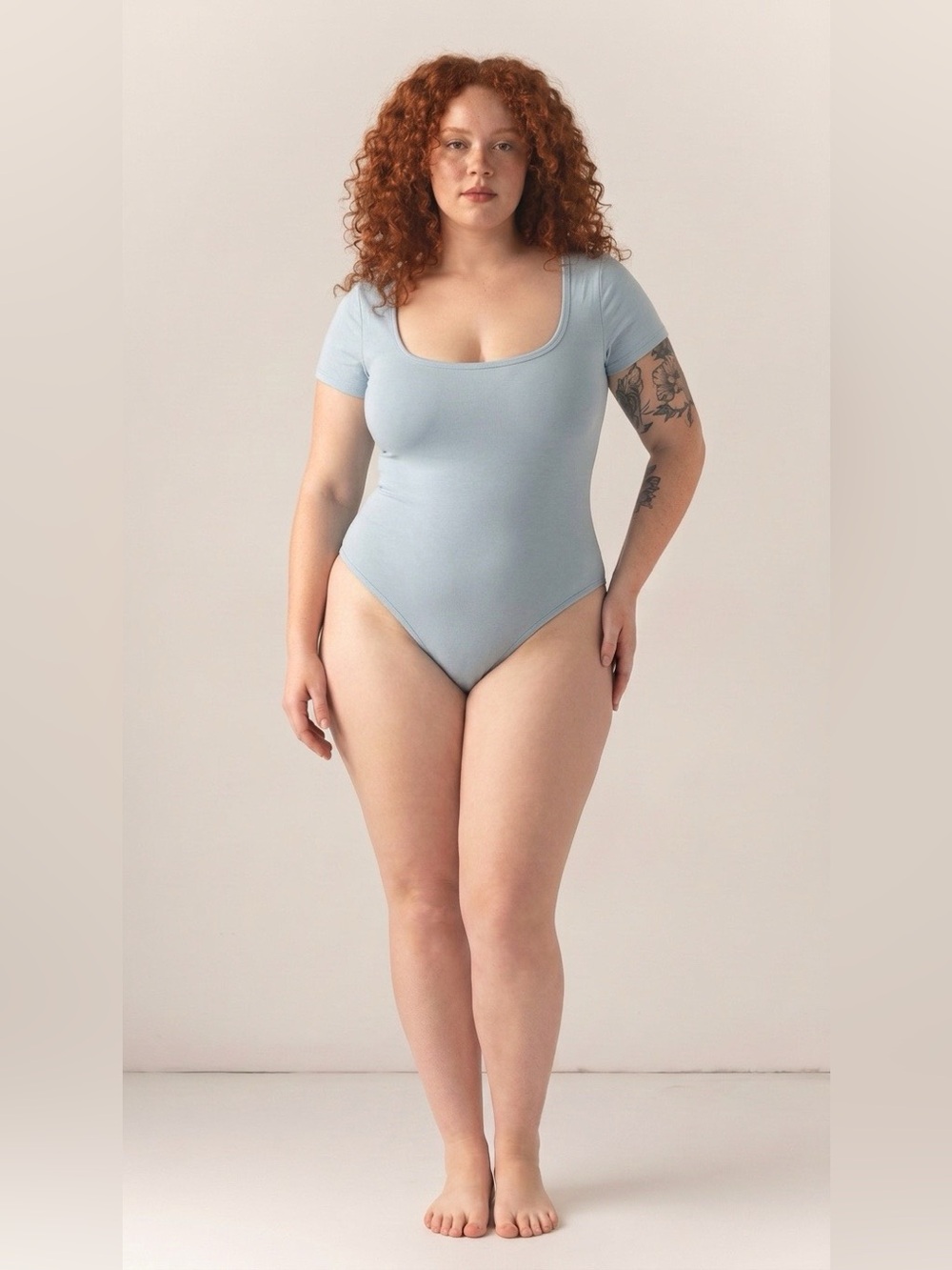 Halara U Neck Short Sleeve Snap Skinny Work Bodysuit Blue